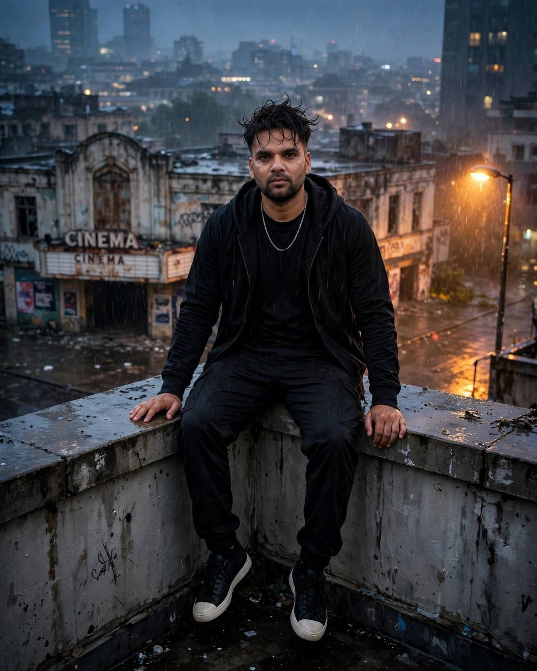 Young Indian man in all-black streetwear sitting on a rooftop ledge above an abandoned cinema hall at night