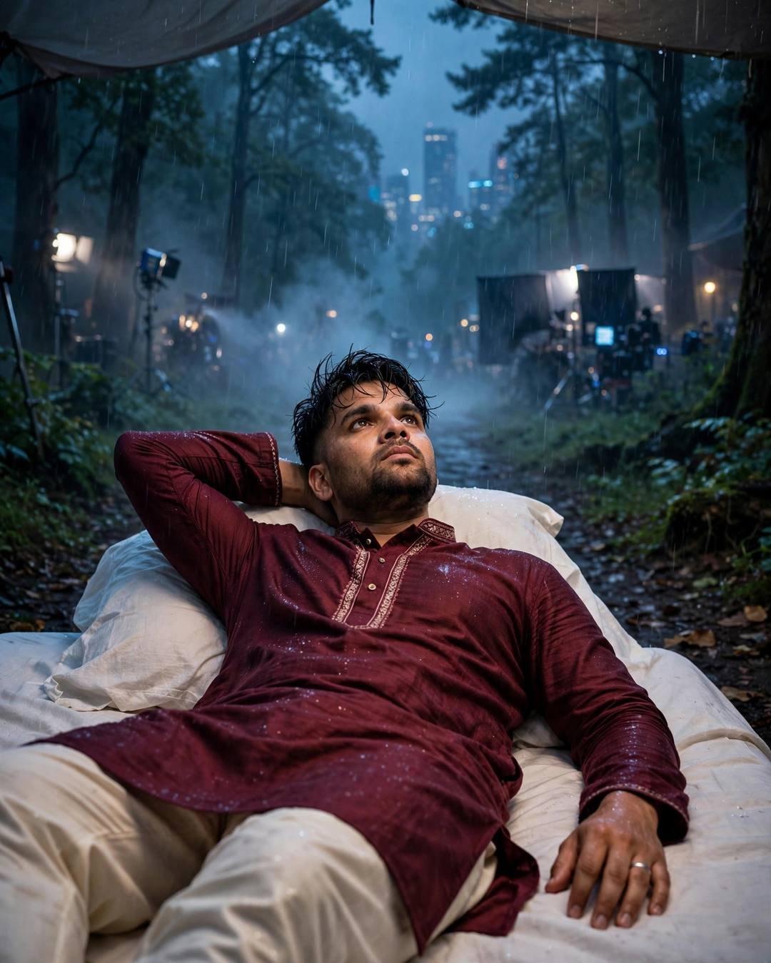 Young Indian man in maroon kurta reclining on an outdoor bed in a misty rainy forest with film lights behind