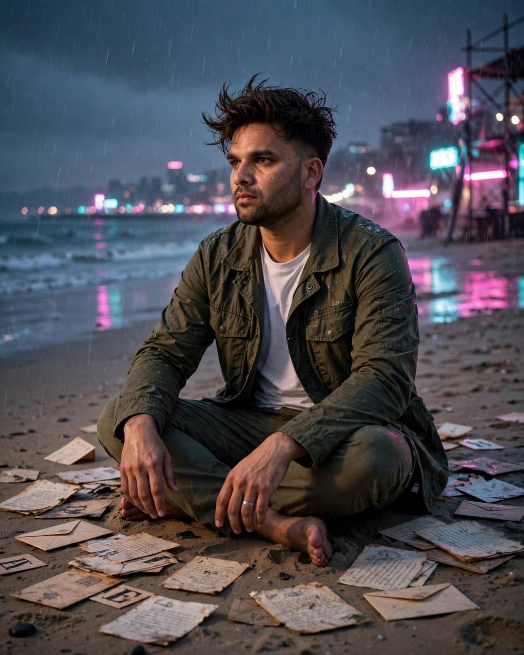 Young Indian man in olive field jacket sitting cross-legged among old letters on a rainy beach at dusk with neon reflections