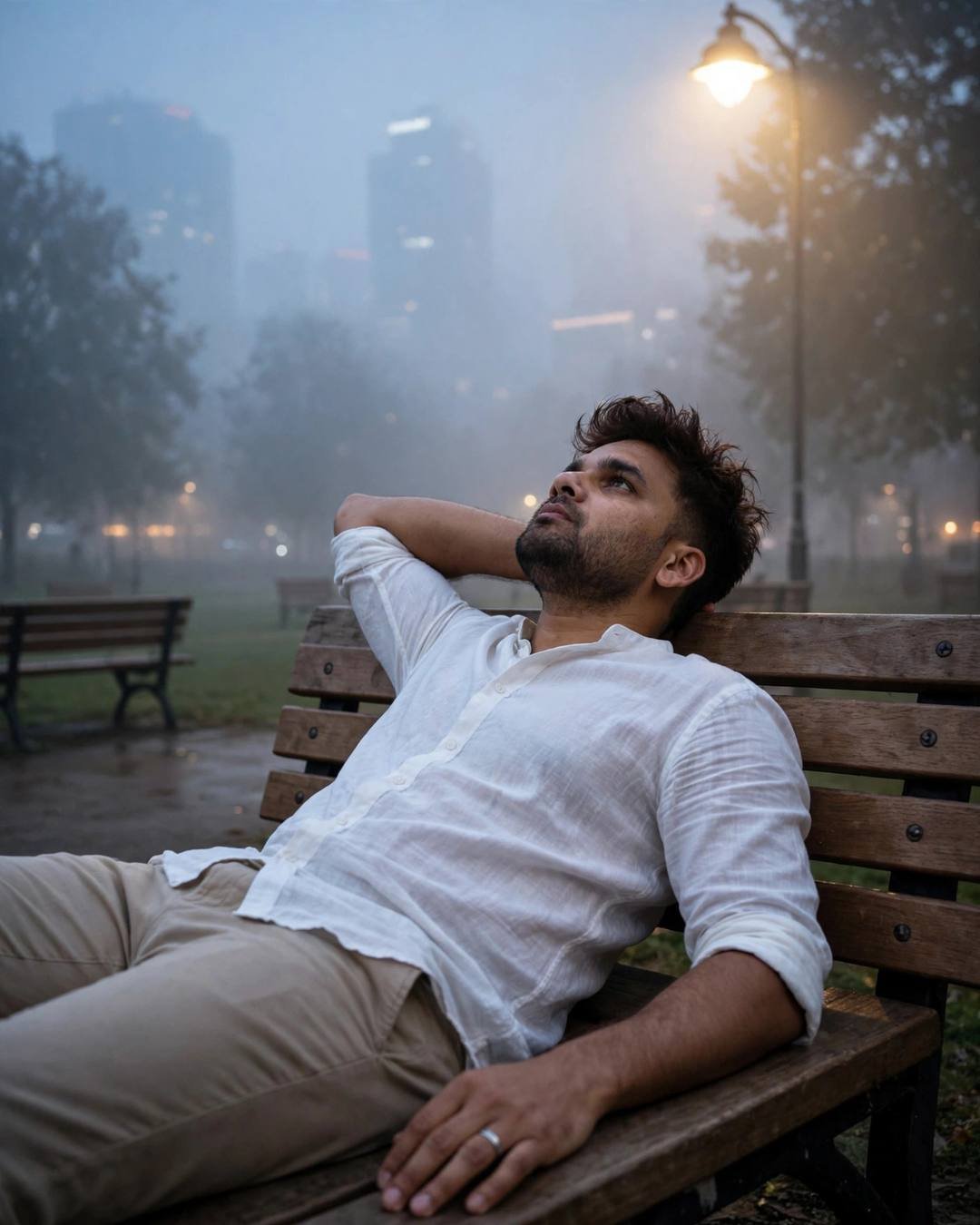 Young Indian man in white linen shirt reclining on a foggy park bench under a streetlamp at night
