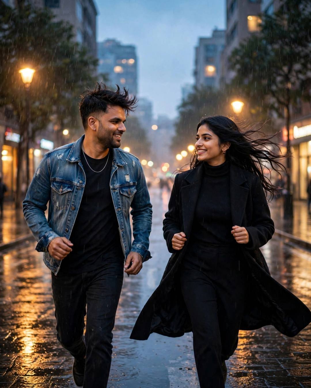 Young Indian couple running toward each other laughing on a rainy city street at golden hour