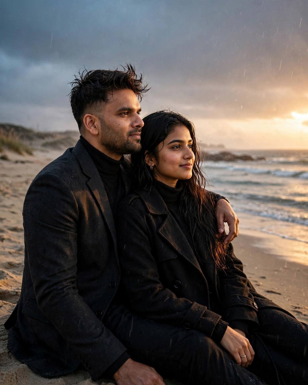 Young Indian couple sitting on a beach at sunset, man's arm around woman, waves and amber sky