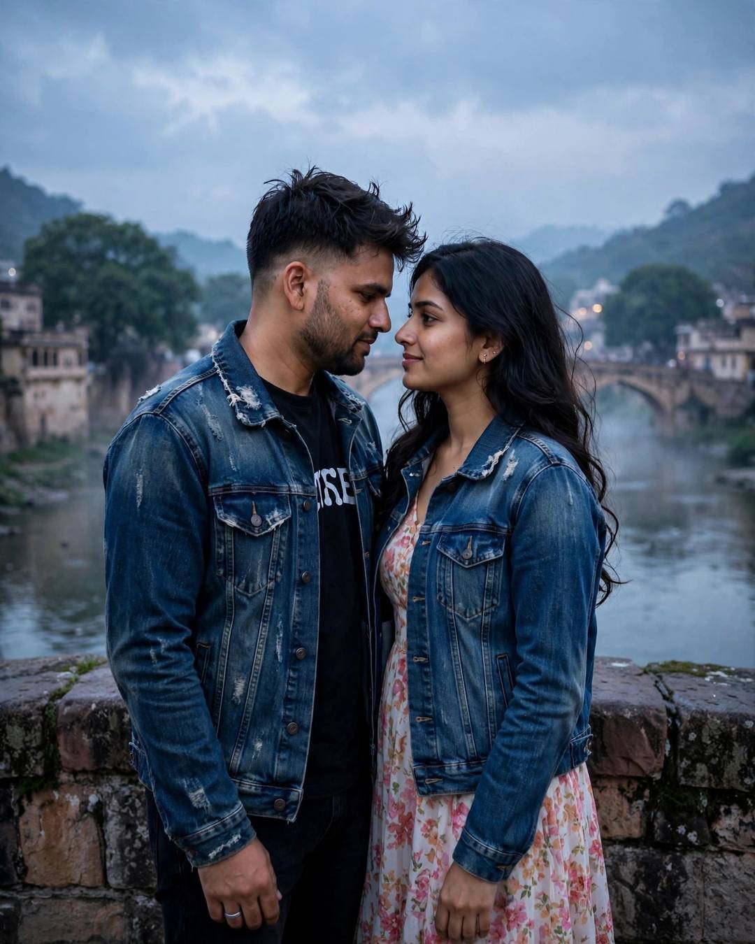 Young Indian couple in denim jackets standing face to face on a stone bridge over a river, foreheads almost touching