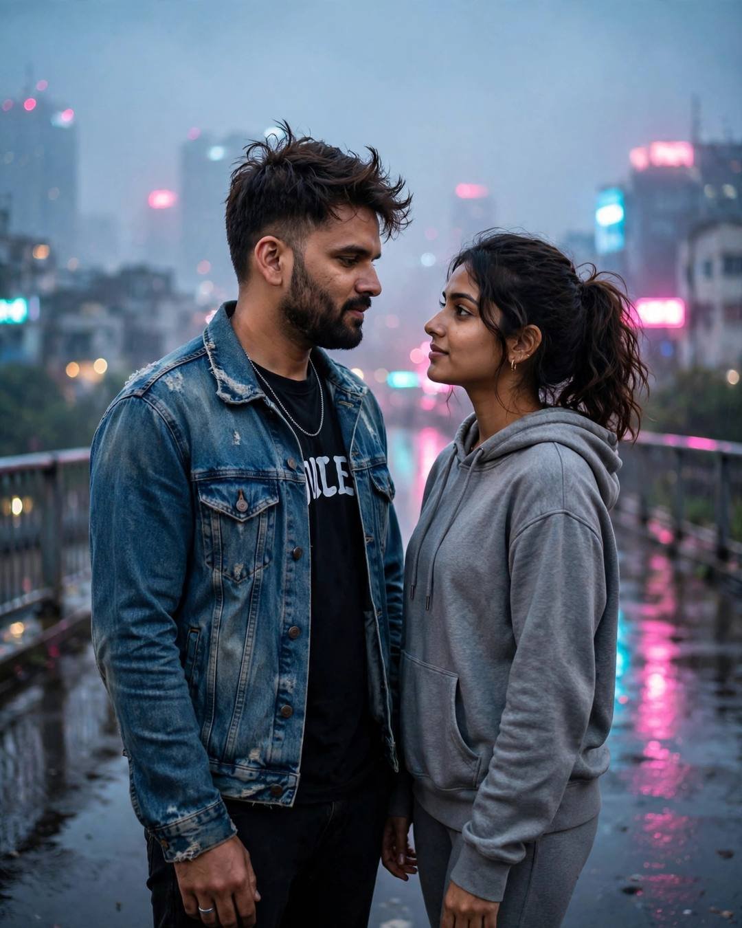 Couple standing close on a neon-lit bridge at dawn, looking into each other's eyes, city blurred behind