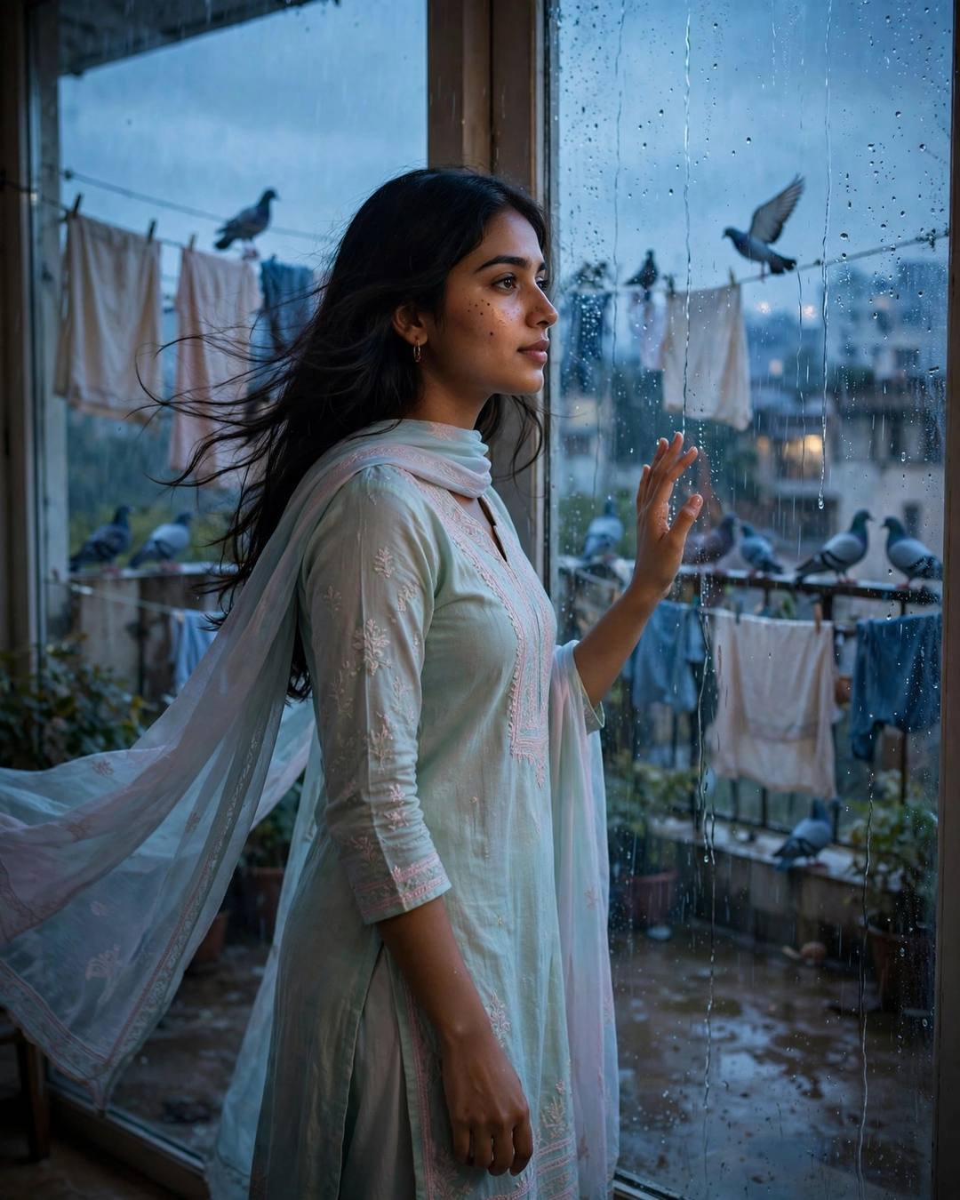 Young Indian woman in pastel salwar-kameez at a rain-streaked cafe window, pigeons and clothes lines on the terrace