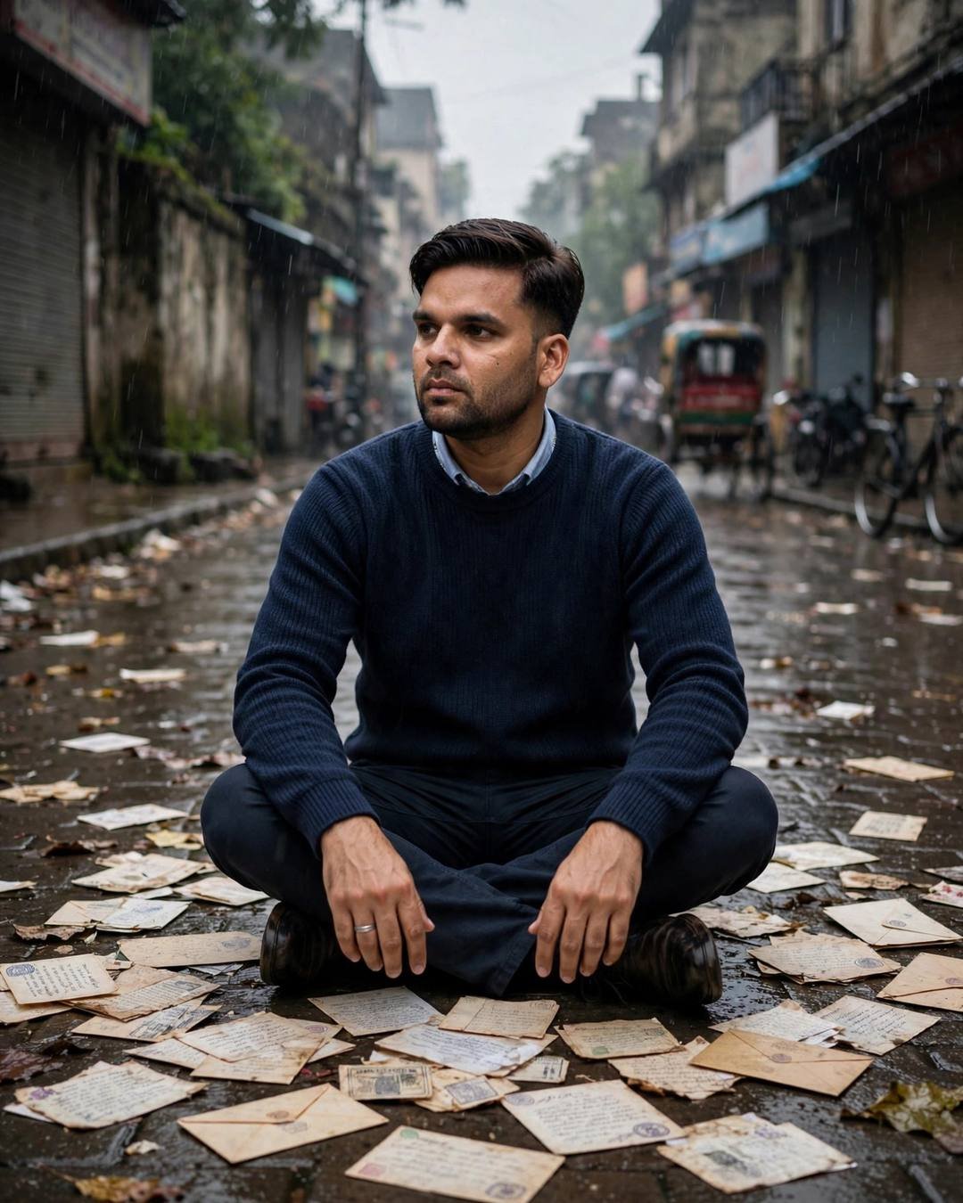 Alone / Solitude AI portrait — Lying on a rooftop terrace counting bright, navy sweater over collared shirt, neatly combed side part, sitting cross-legged on the floor surrounded by old letters at rain-soaked city street