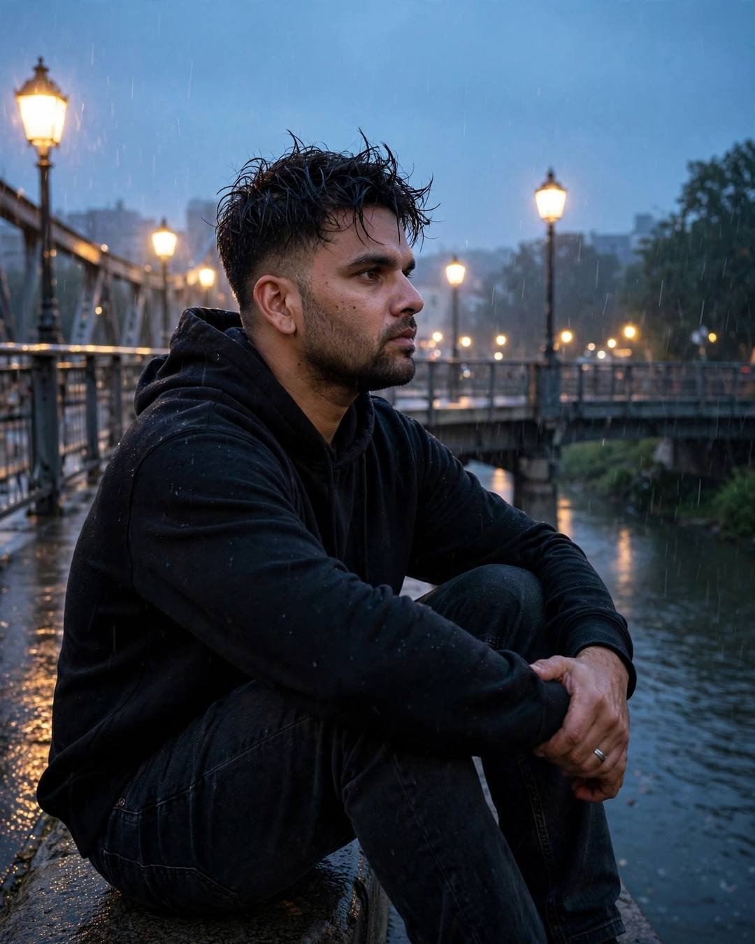 Alone / Solitude AI portrait — A lone tent pitched on a windswept, black oversized hoodie and dark jeans, towel-dried tousled hair, sitting with knees drawn up, arms wrapped around legs at bridge over a slow river