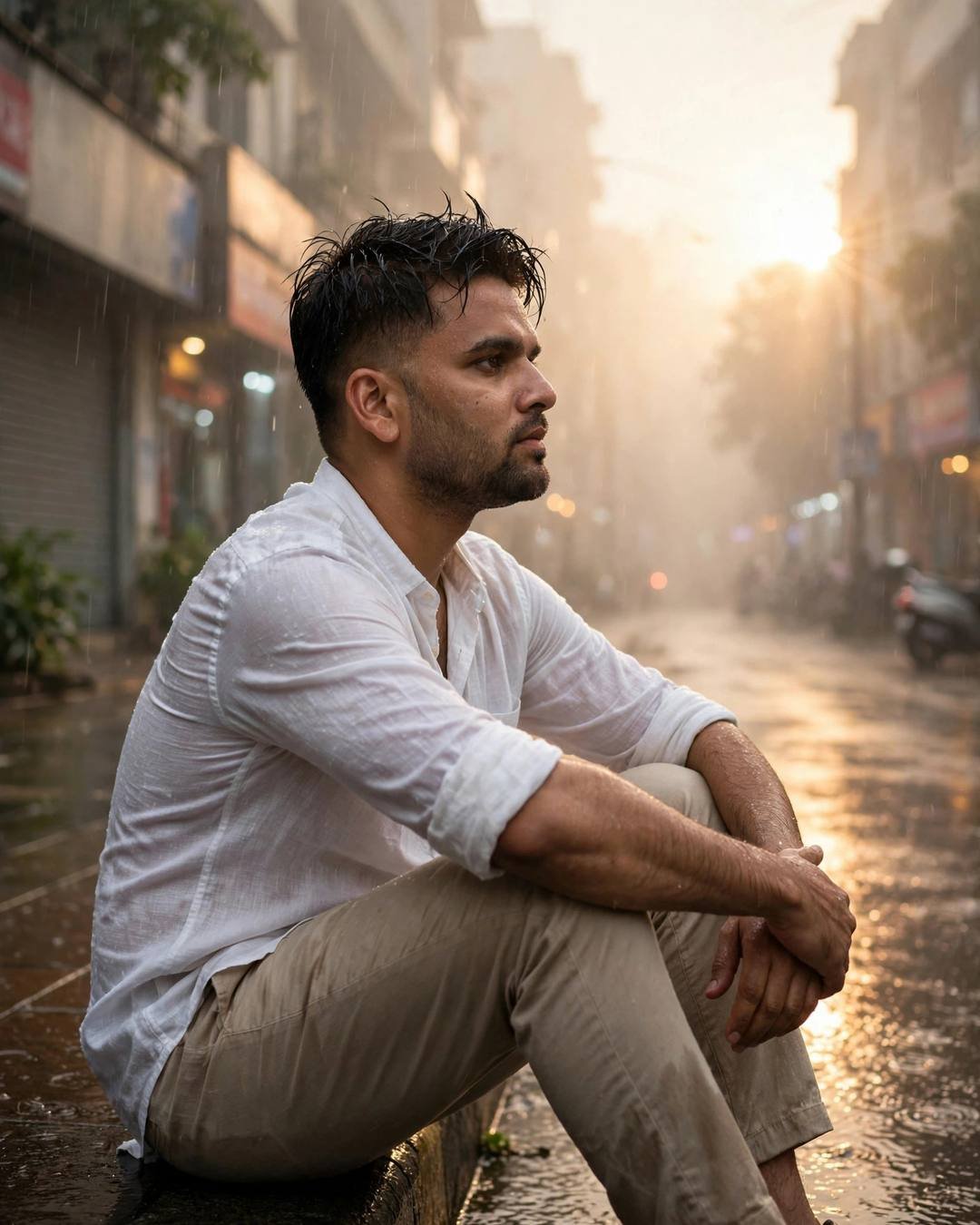Alone / Solitude AI portrait — Him tracing frost on a mountain lodge, white linen shirt with rolled sleeves, beige trousers, damp rain-wet hair, sitting with knees drawn up, arms wrapped around legs at rain-soaked city street