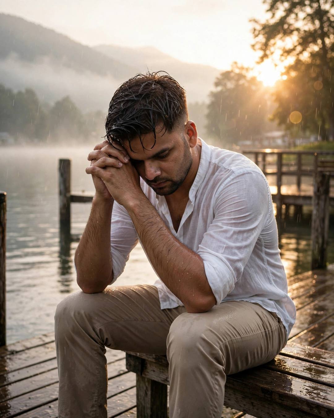 Alone / Solitude AI portrait — Feeding pigeons in an empty courtyard as, white linen shirt with rolled sleeves, beige trousers, damp rain-wet hair, sitting on station bench, elbows on knees, head in hands at quiet lake pier at dawn