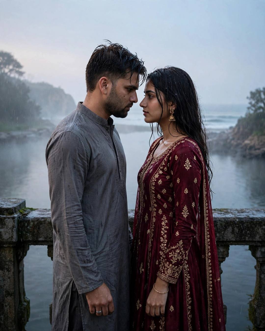 Feeding noisy gulls from an open paper — Beach Couple cinematic AI portrait: grey kurta with dark pajama, damp rain-wet hair at bridge over a slow river, ocean as witness, melancholic mood
