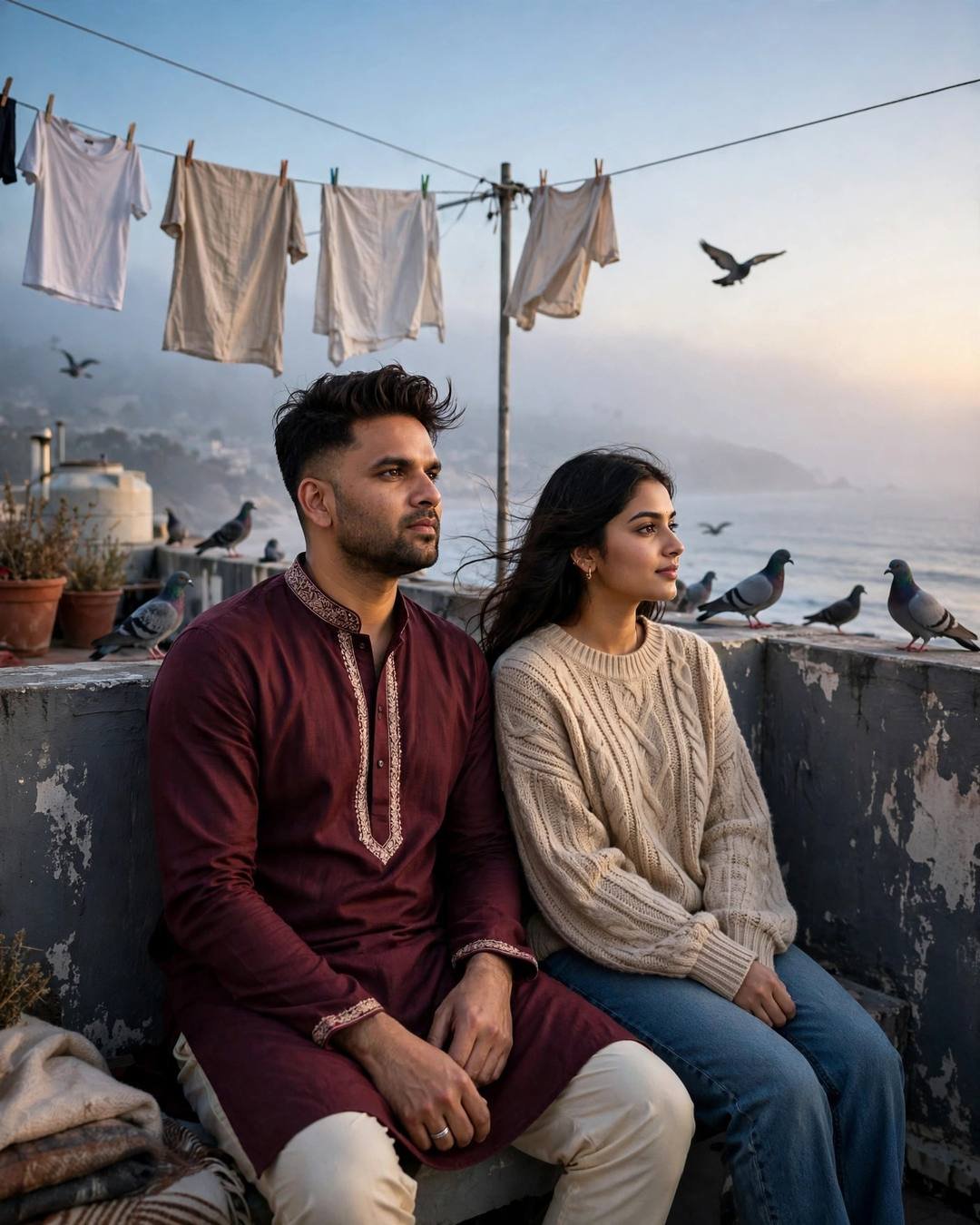Sitting close on a wet rock as — Beach Couple cinematic AI portrait: maroon kurta with cream churidar, windswept textured hair at terrace with drying clothes lines and pigeons, ocean as witness, hopeful mood