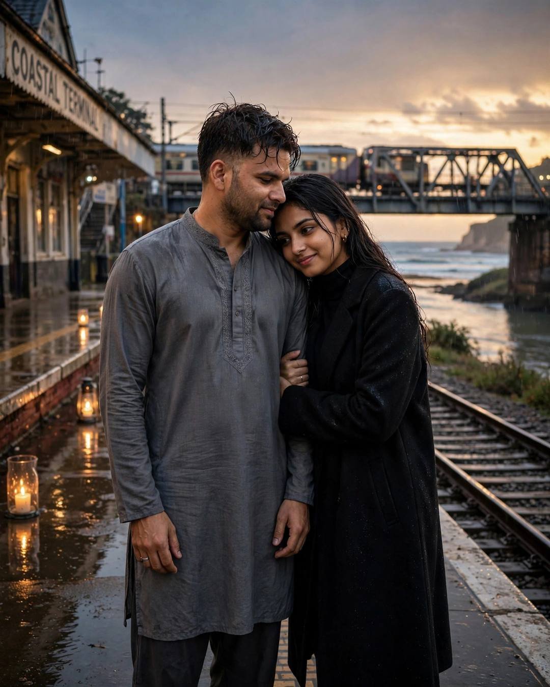 Burying each other's feet deep in the — Beach Couple cinematic AI portrait: grey kurta with dark pajama, towel-dried tousled hair at bridge over a slow river, ocean as witness, tender mood