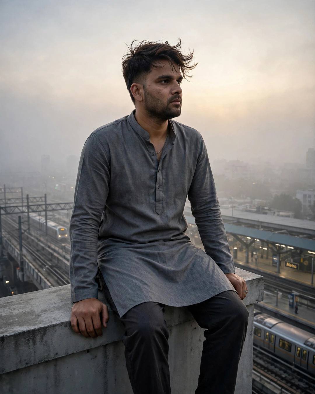 A black sherwani with silver buttons — Black Outfit cinematic AI portrait: grey kurta with dark pajama, windswept textured hair at midnight metro station, dressed in midnight, aching mood