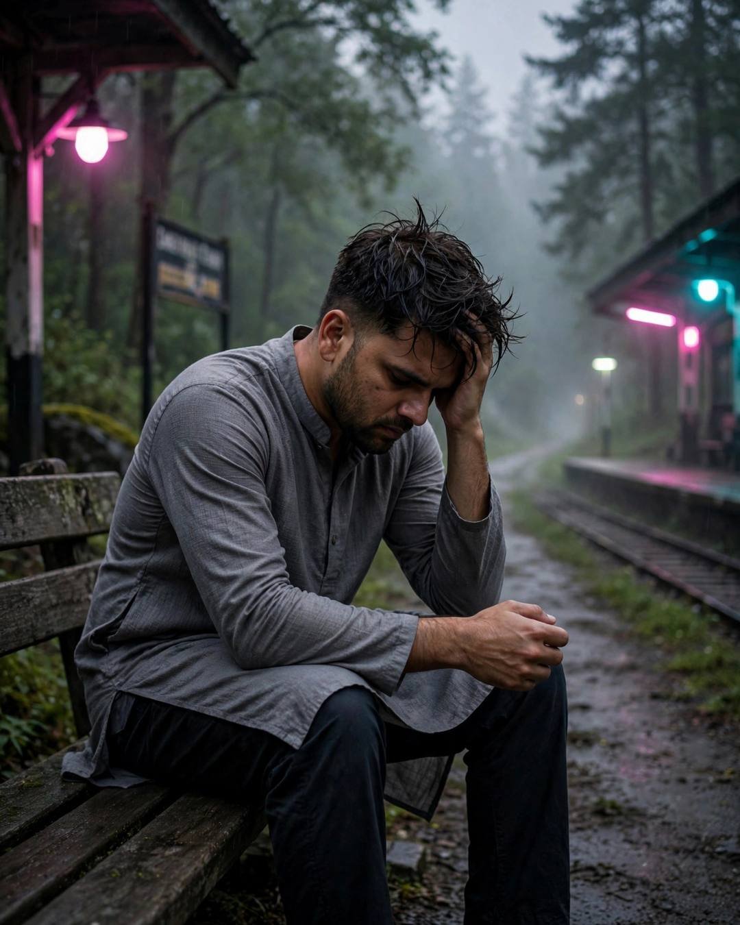 A black velvet blazer glowing softly in — Black Outfit cinematic AI portrait: grey kurta with dark pajama, towel-dried tousled hair at misty forest path, dressed in midnight, aching mood