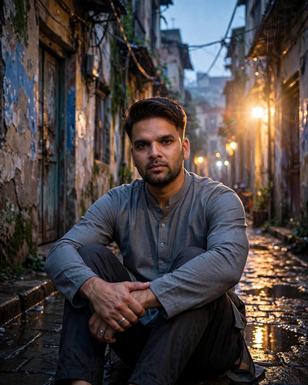 Black leather jacket, night city behind — Black Outfit cinematic AI portrait: grey kurta with dark pajama, neatly combed side part at narrow old-city lane with peeling walls, dressed in midnight, electric mood