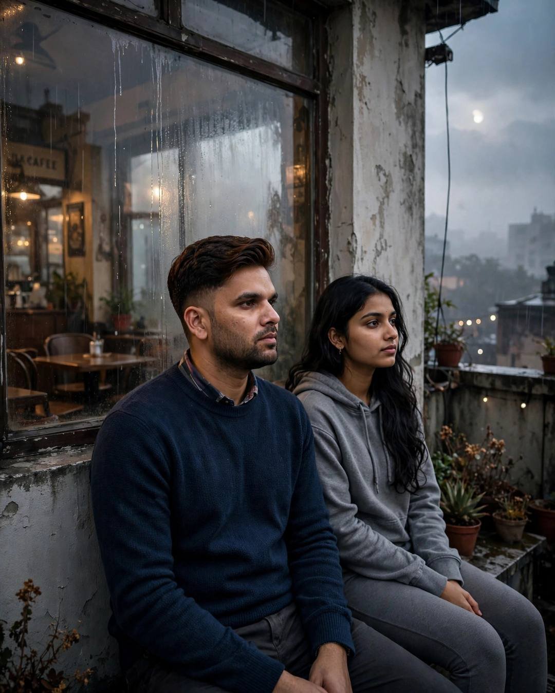 Young Indian couple sitting back to back against a rooftop wall above a fogged cafe window in drizzle
