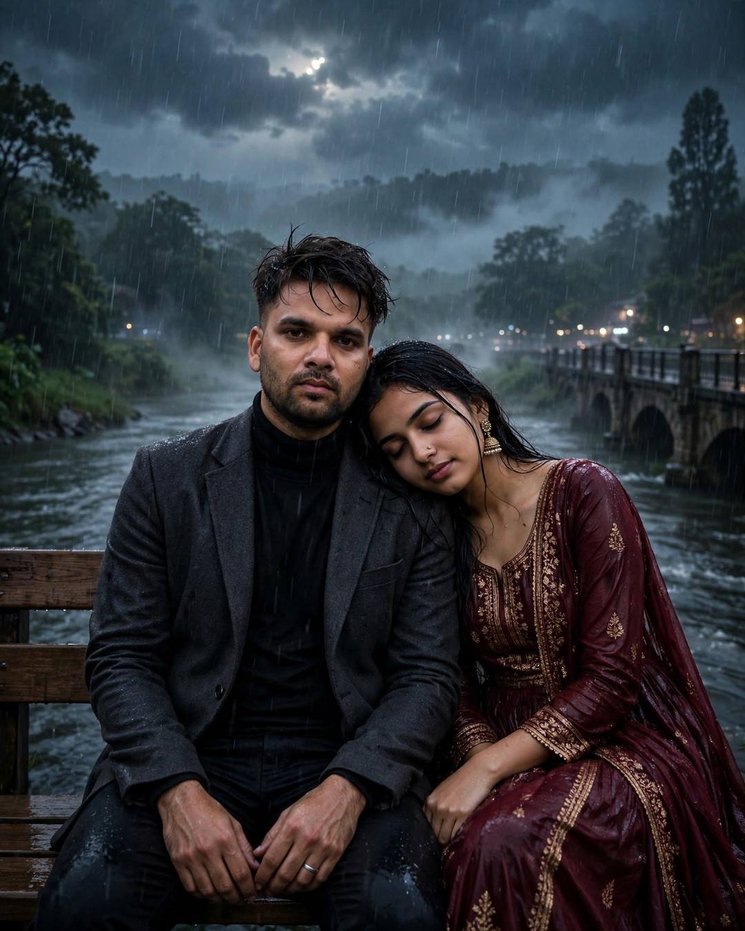 Young Indian couple on a bench by a river bridge in monsoon rain, the woman resting her head on his shoulder