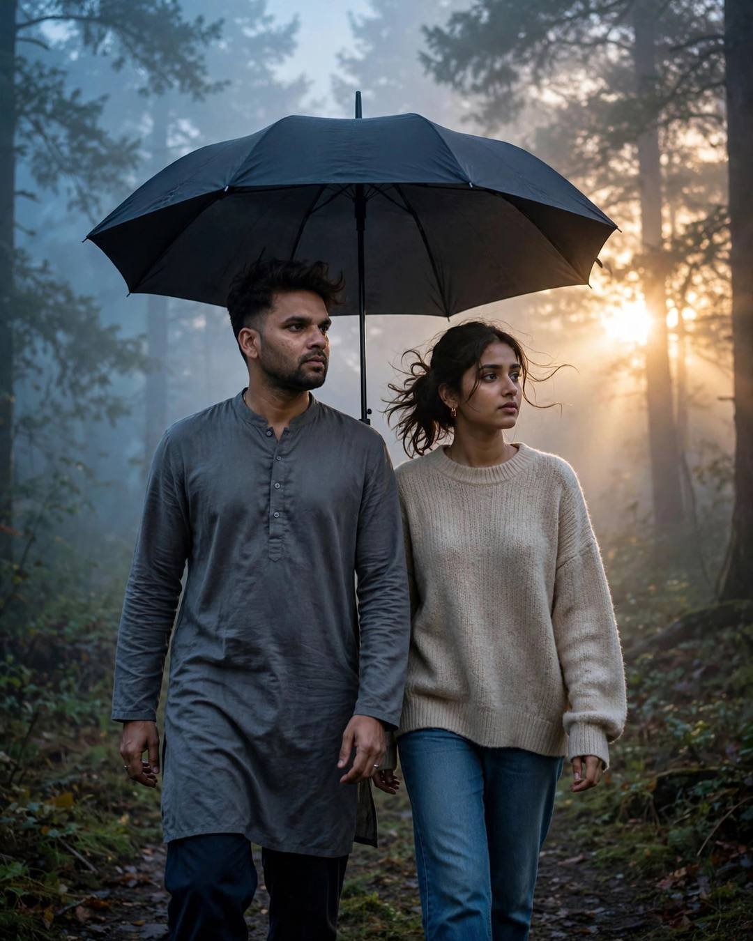 Young Indian couple walking under one umbrella on a misty forest path at golden hour