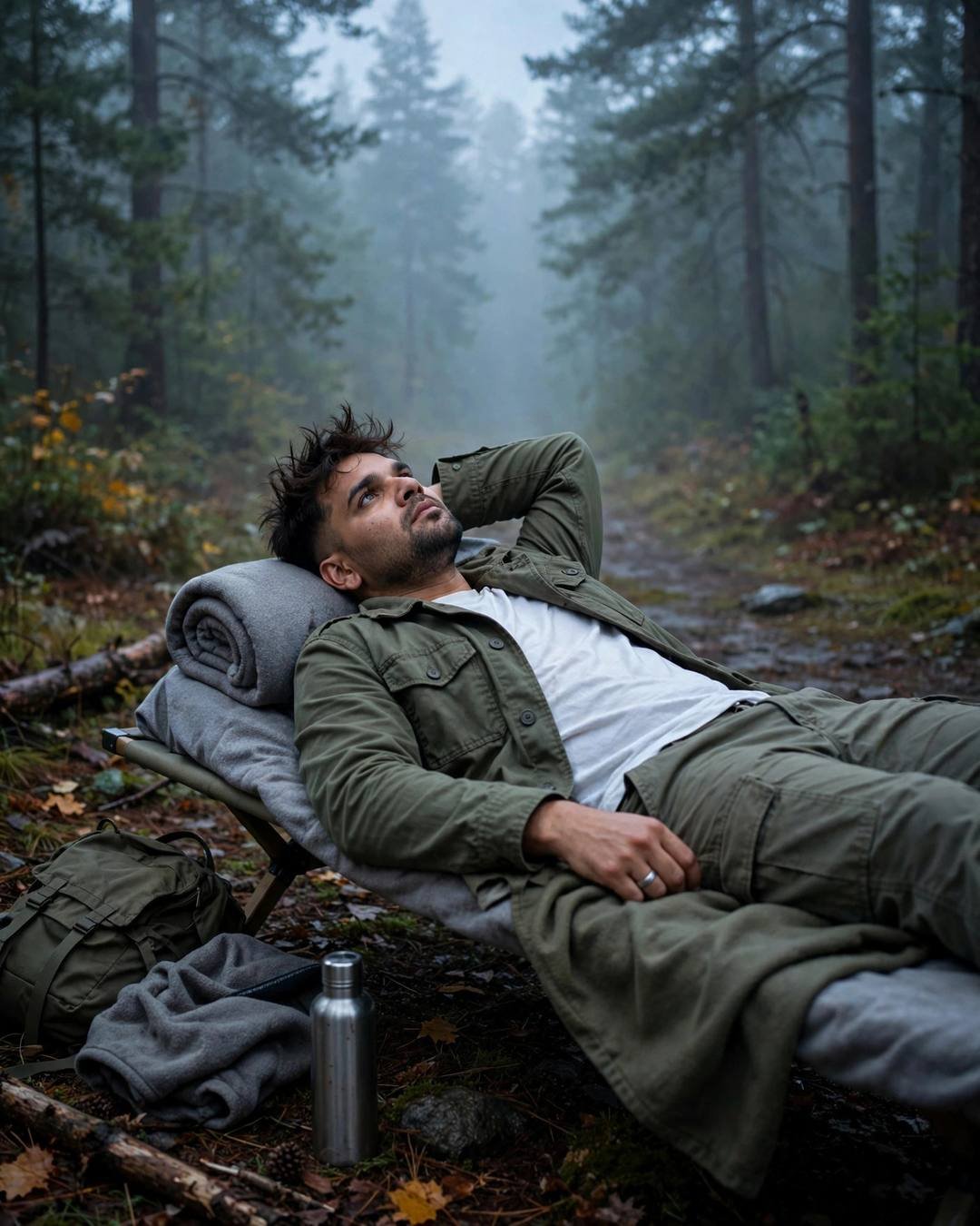 Man in olive field jacket and white tee lying back on a camp bed in a misty forest path at dawn with soft blue-hour glow