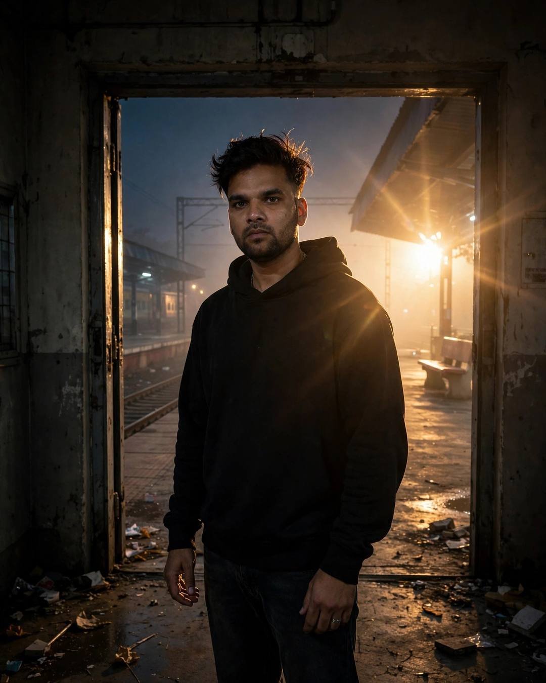 Man in black oversized hoodie and dark jeans standing in a doorway at an empty railway platform at night with golden backlight flare