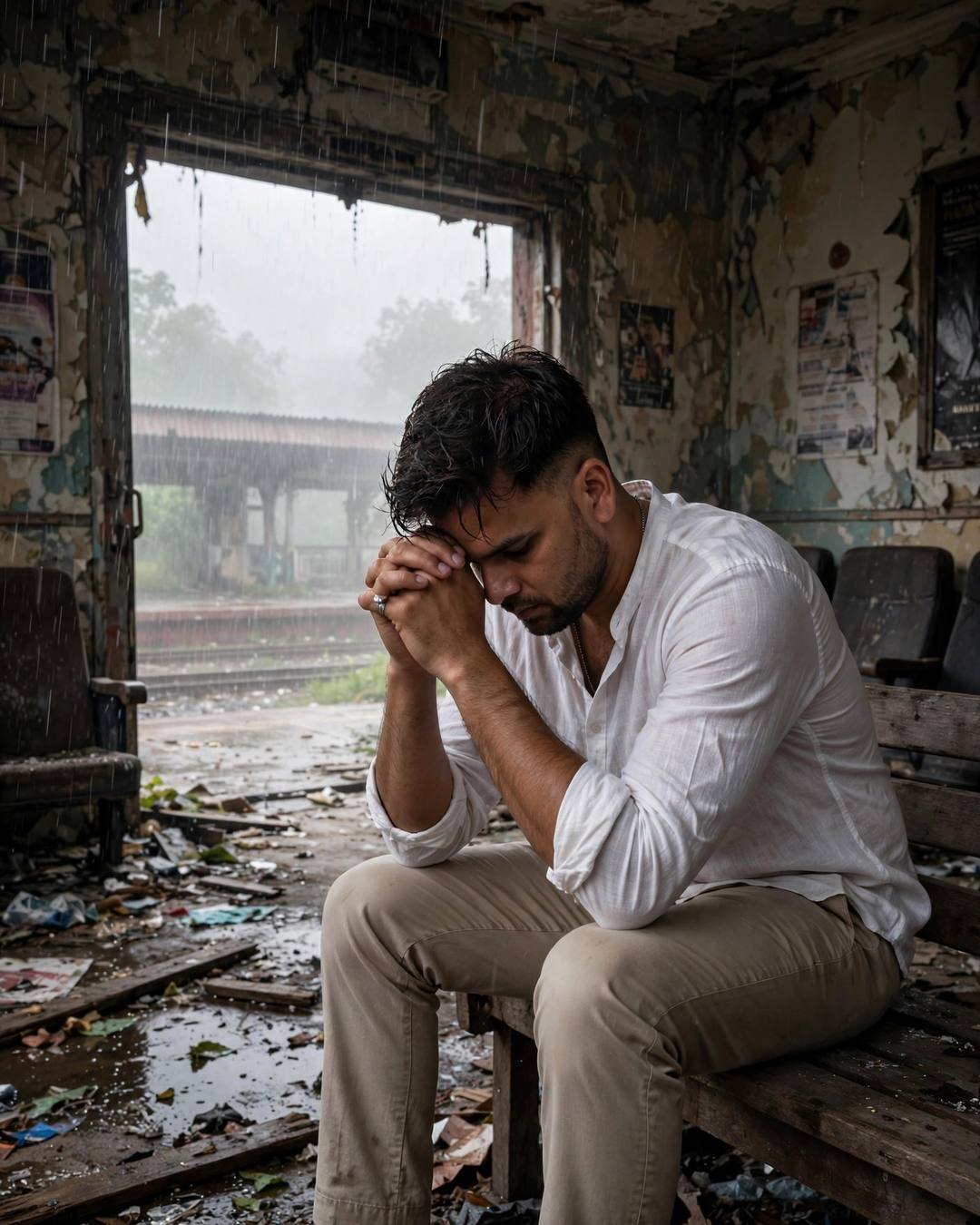 Man in white linen shirt with rolled sleeves and beige trousers sitting on a station bench with head bowed into clasped hands in an abandoned hall in rain