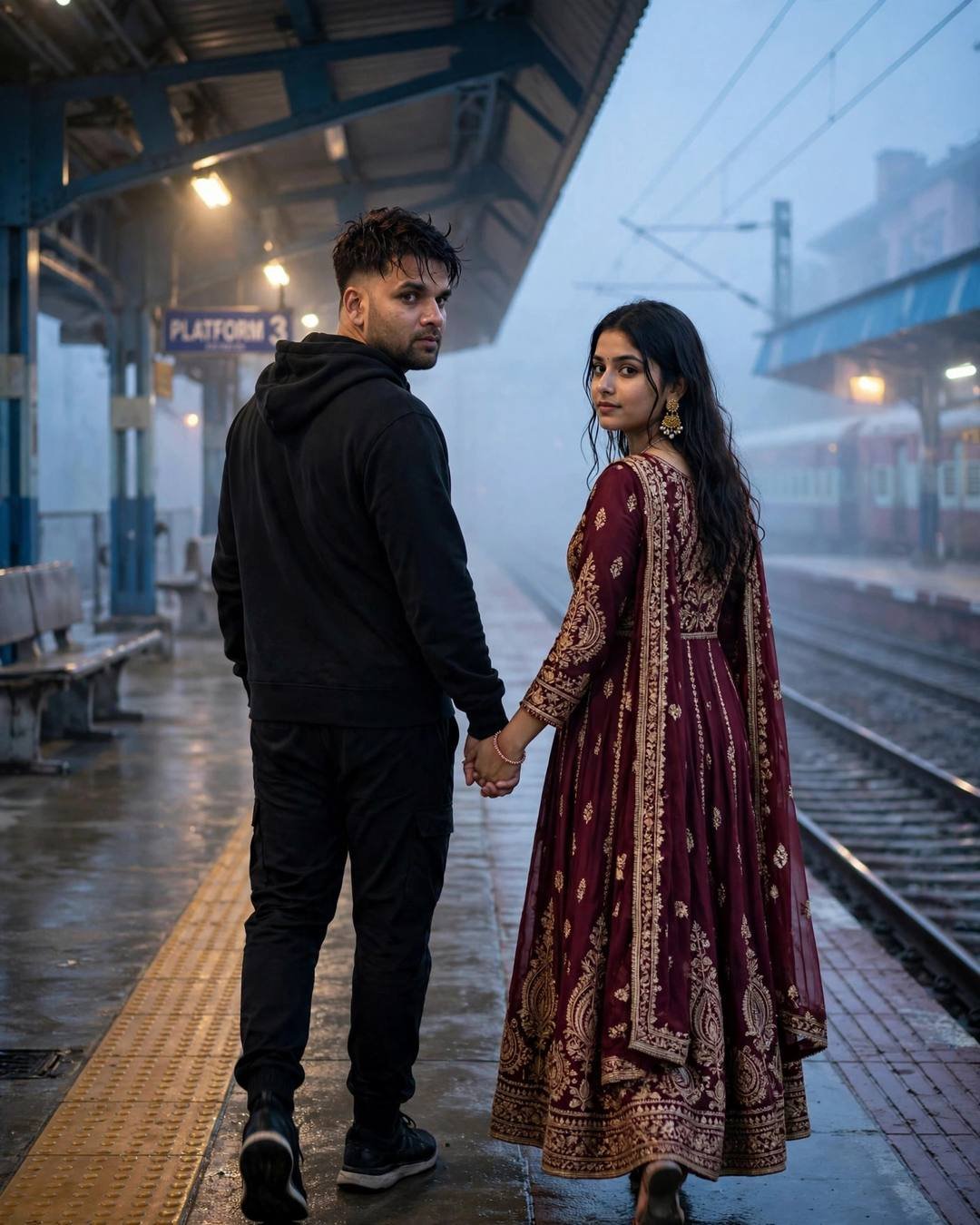 Sharing a soft blanket over their knees — Café Couple cinematic AI portrait: all-black streetwear with sneakers, towel-dried tousled hair at night, cozy corners, serene mood