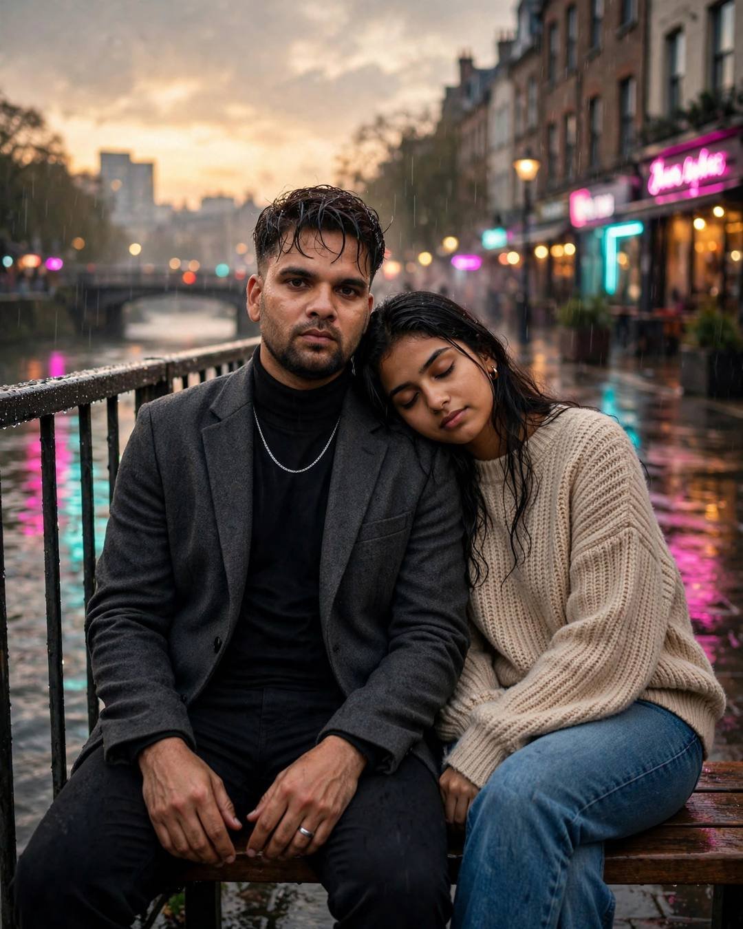 A fresh polaroid stuck to their little — Café Couple cinematic AI portrait: charcoal blazer, black turtleneck, damp rain-wet hair at bridge over a slow river, cozy corners, melancholic mood