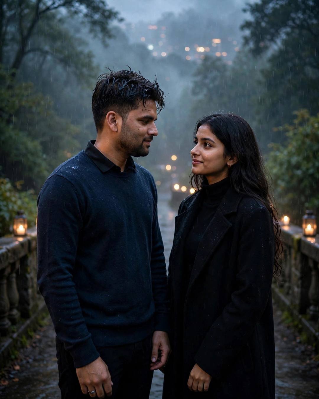 Cinematic Couple AI portrait — A grand staircase descent with her hand, navy sweater over collared shirt, towel-dried tousled hair, standing on a bridge, looking at each other while the city blurs at misty forest path