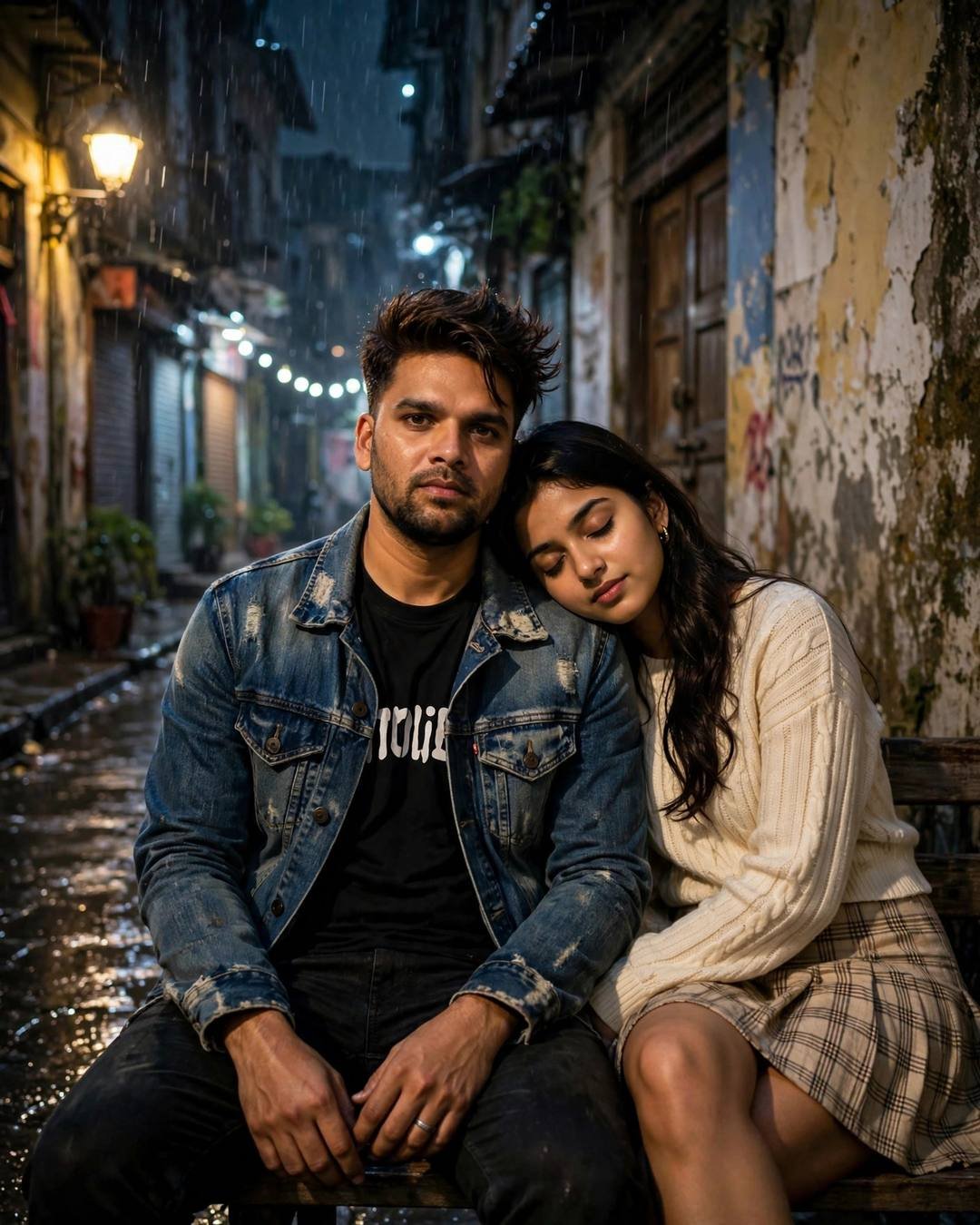 Cinematic Couple AI portrait — A silhouette kiss in a grand doorway, distressed denim jacket over black tee, windswept textured hair, sitting close on a bench, her head resting on his shoulder at narrow old-city lane with peeling walls