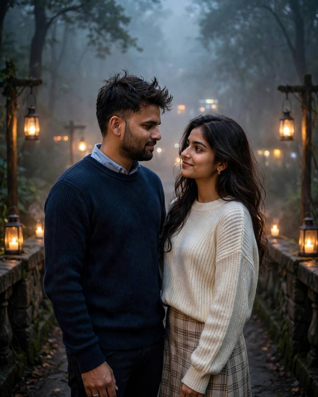 Cinematic Couple AI portrait — Leaning on a vintage scooter while dust, navy sweater over collared shirt, slightly messy morning hair, standing on a bridge, looking at each other while the city blurs at misty forest path