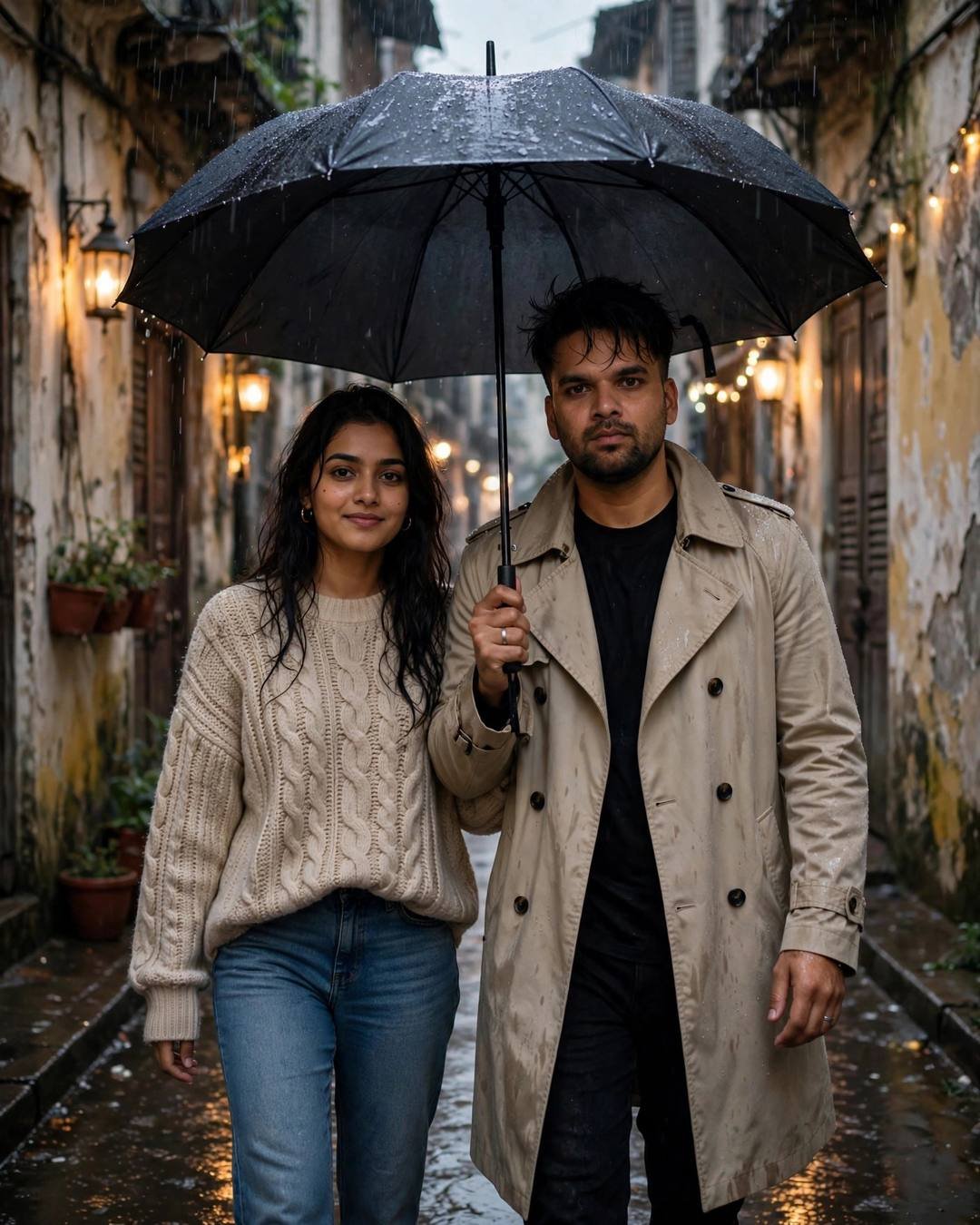 Cinematic Couple AI portrait — A golden wheat field parting softly around, beige trench coat over dark layers, slightly messy morning hair, walking side by side under one umbrella, shoulders touching at narrow old-city lane with peeling walls