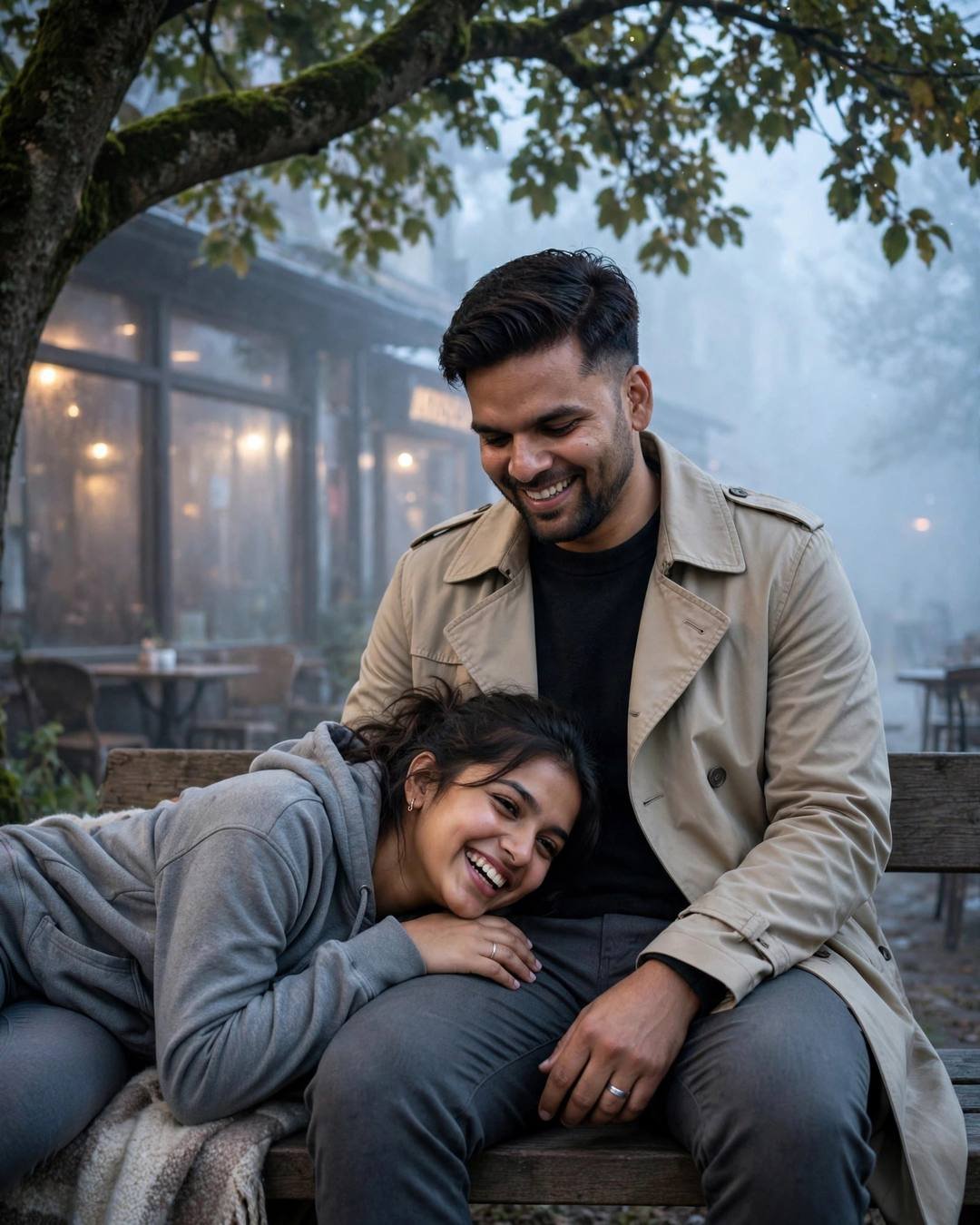 Couple Looking at Each Other AI portrait — As the photographer counts down, they forget, beige trench coat over dark layers, neatly combed side part, sitting under a tree, her head in his lap, both laughing softly at old cafe by a fogged window