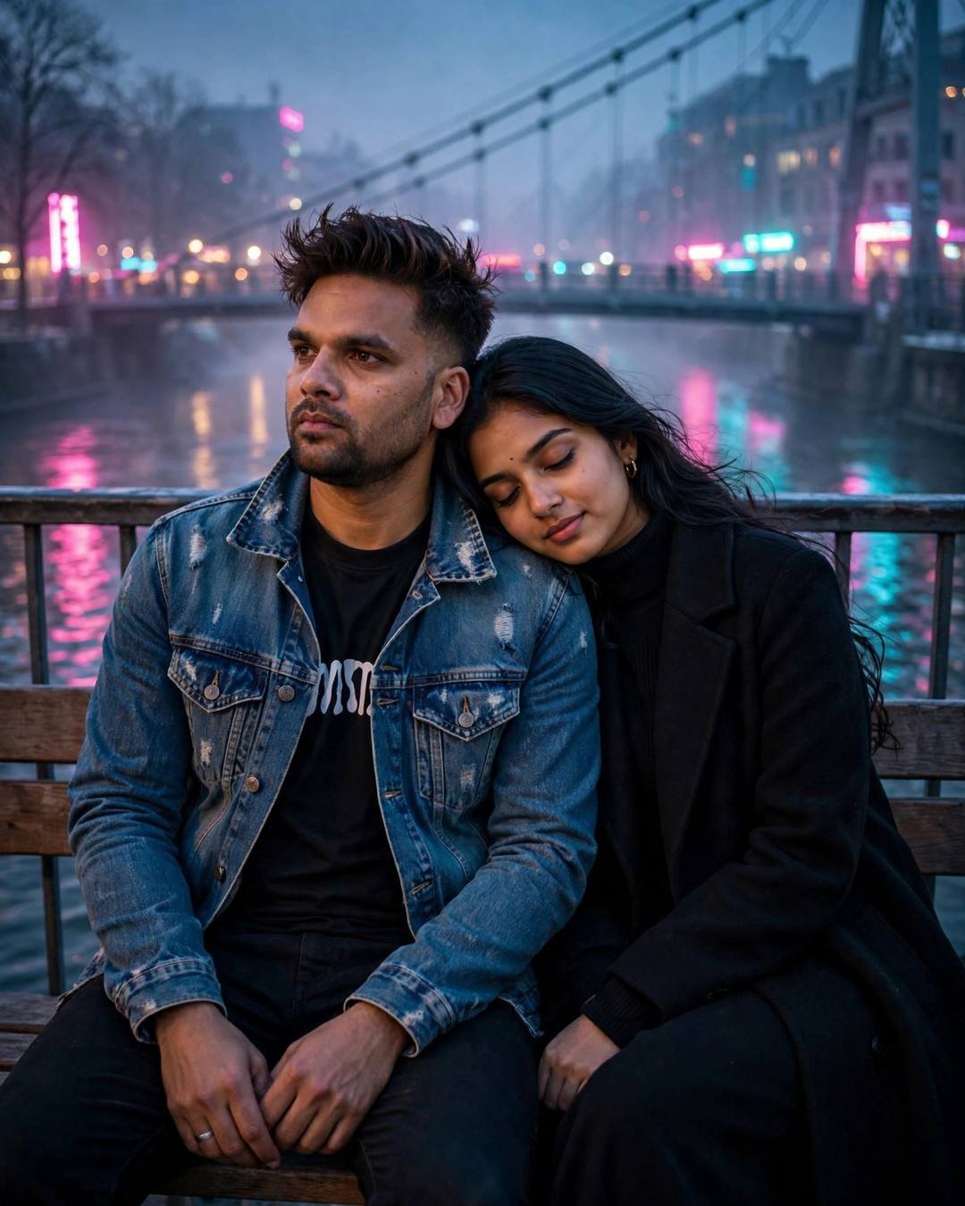 Couple Looking at Each Other AI portrait — Over a shared map spread on warm, distressed denim jacket over black tee, windswept textured hair, sitting close on a bench, her head resting on his shoulder at bridge over a slow river