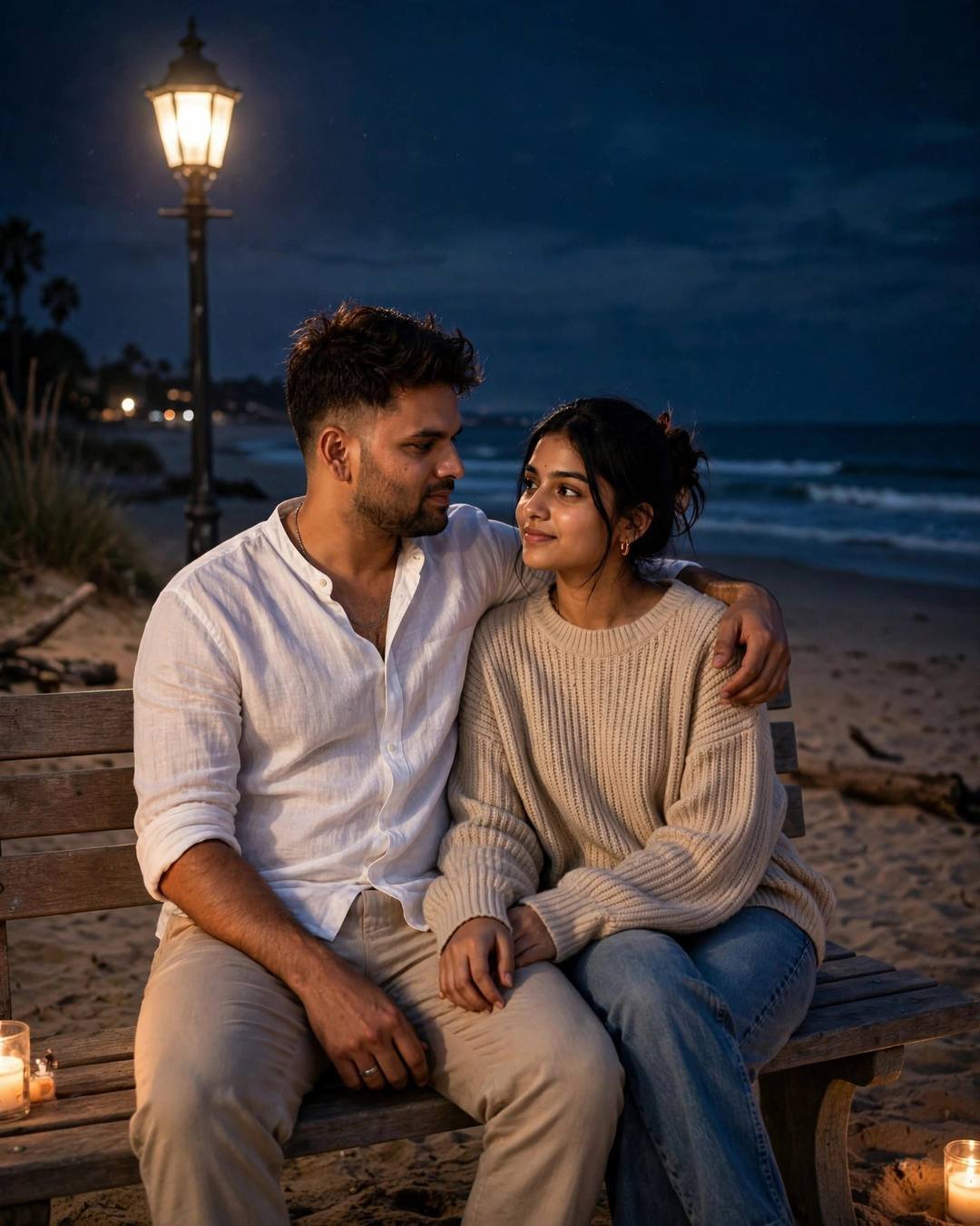 Couple Looking at Each Other AI portrait — In a metro's reflection, eyes meeting, white linen shirt with rolled sleeves, beige trousers, towel-dried tousled hair, sitting on the sand watching the waves, his arm around her at park bench under a lone lamp