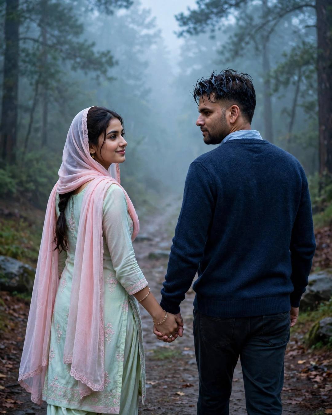 Couple Sitting Together AI portrait — A window seat in a hill train, navy sweater over collared shirt, towel-dried tousled hair, walking hand in hand away from the camera into the distance at misty forest path