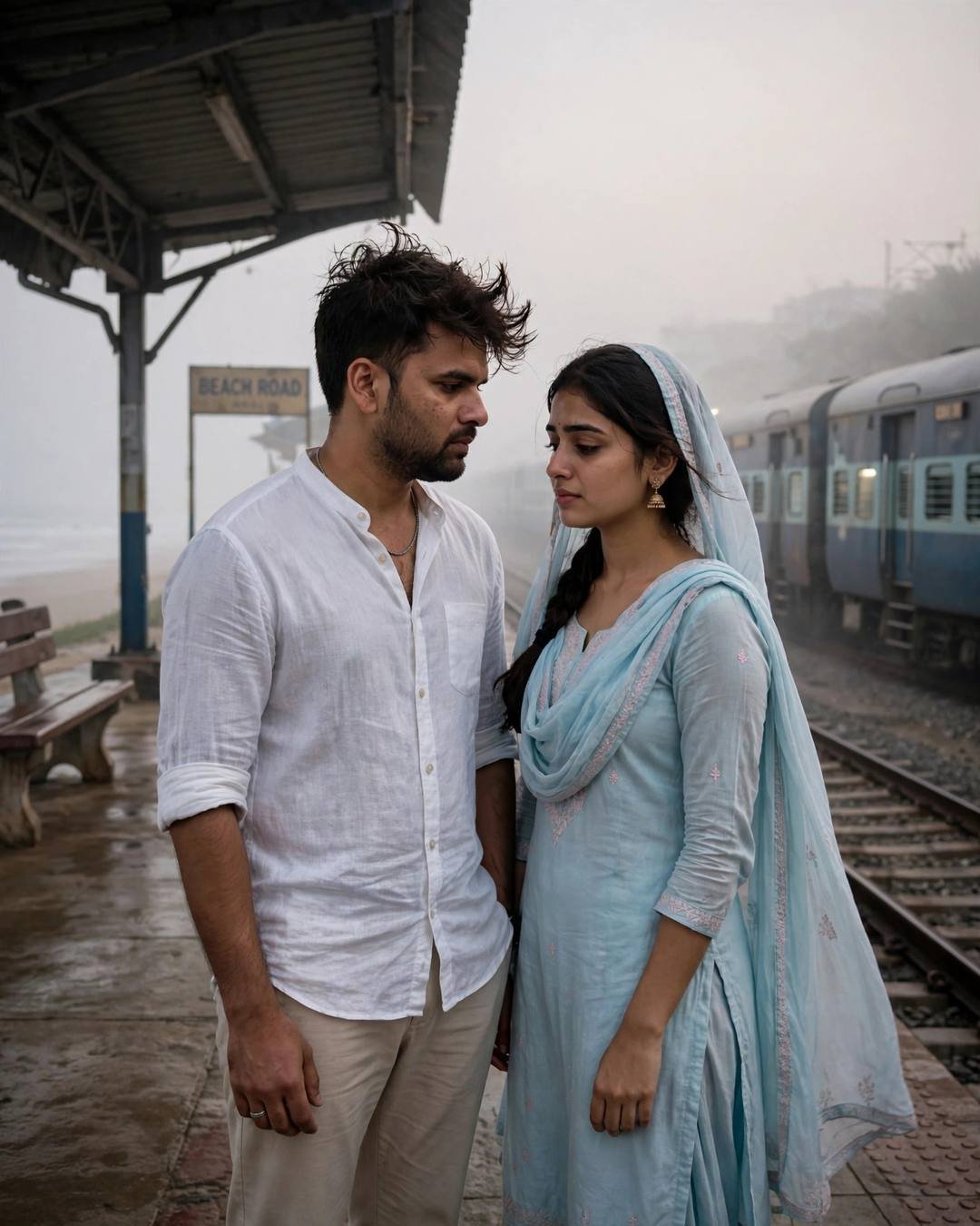 Couple Sitting Together AI portrait — A sandy dune hollow, wrapped together in, white linen shirt with rolled sleeves, beige trousers, windswept textured hair, one last hug at a railway platform as the train waits at deserted beach at dusk