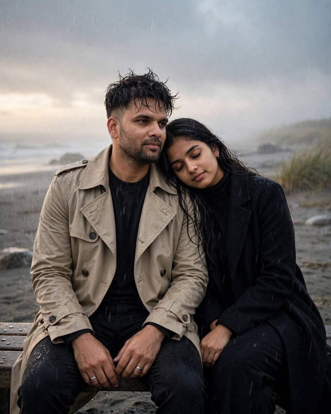 Couple Sitting Together AI portrait — On a ghat's steps, watching diyas float, beige trench coat over dark layers, towel-dried tousled hair, sitting close on a bench, her head resting on his shoulder at deserted beach at dusk