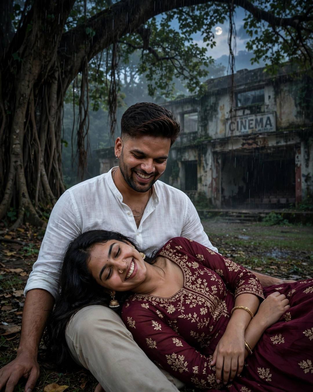 Couple Walking AI portrait — Through golden mustard fields with yellow dust, white linen shirt with rolled sleeves, beige trousers, neatly combed side part, sitting under a tree, her head in his lap, both laughing softly at abandoned cinema hall