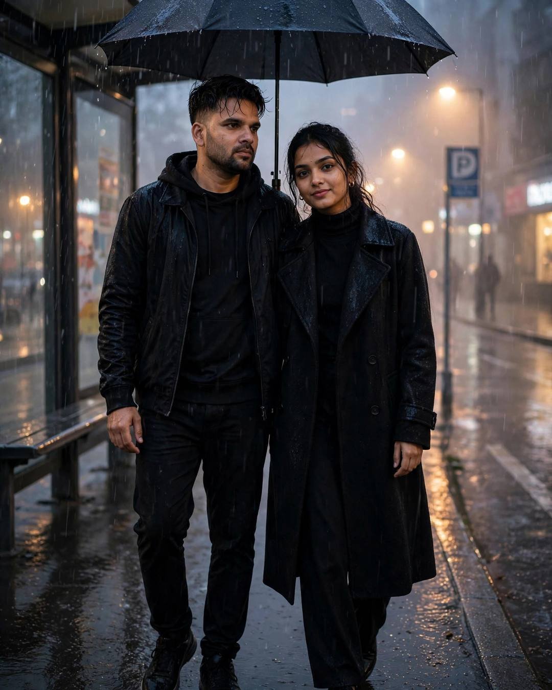 Couple walking under one umbrella at a bus stop in the rain, man in all-black streetwear and woman in black turtleneck with long coat, fog and streetlamps behind