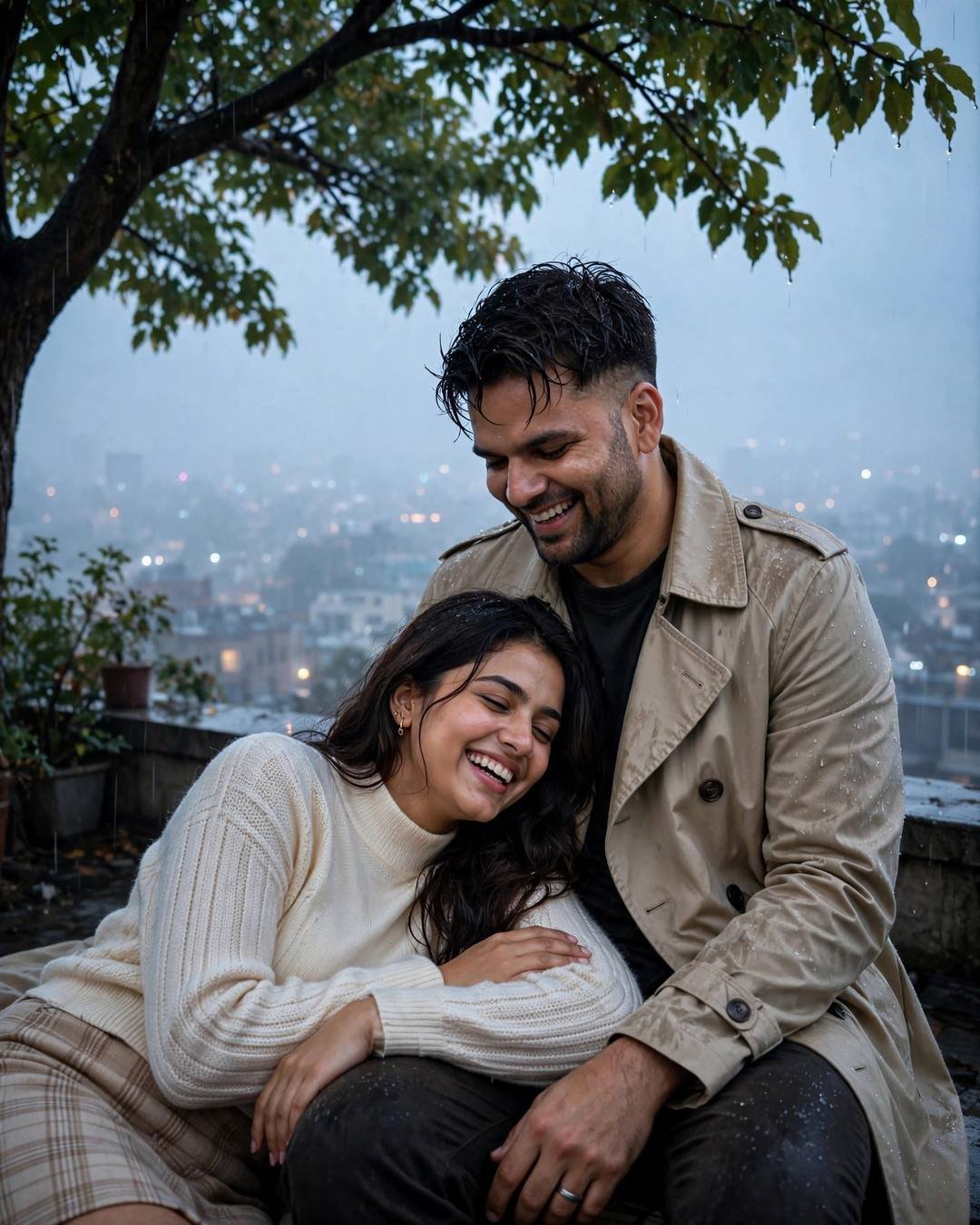 Couple laughing under a tree on a foggy rooftop at dawn overlooking city lights, man in beige trench coat and woman in cream knit top and plaid skirt leaning into his lap