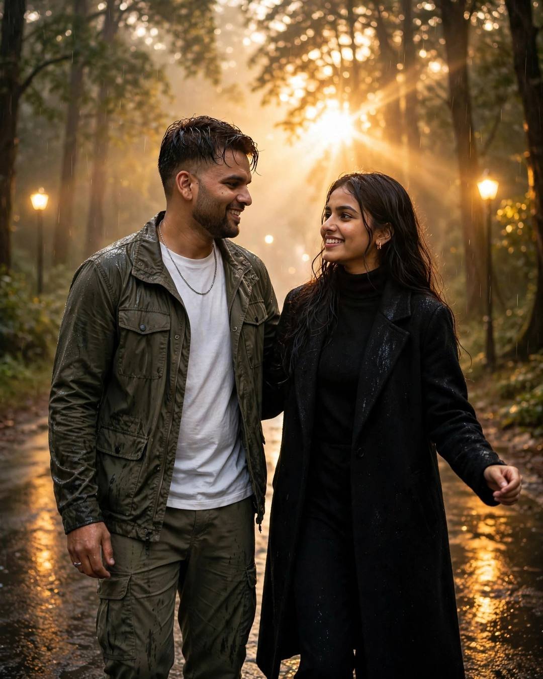Man in olive field jacket and white tee smiling at a woman in black turtleneck and long coat on a wet misty forest path with golden backlight