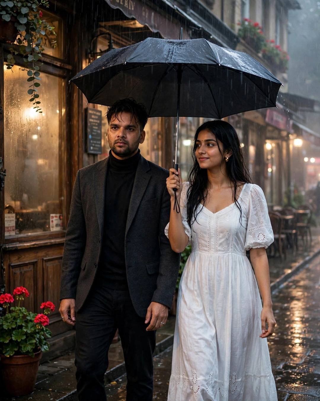 Man in charcoal blazer and black turtleneck walking under an umbrella with a woman in a flowing white summer dress beside a fogged cafe window in drizzle