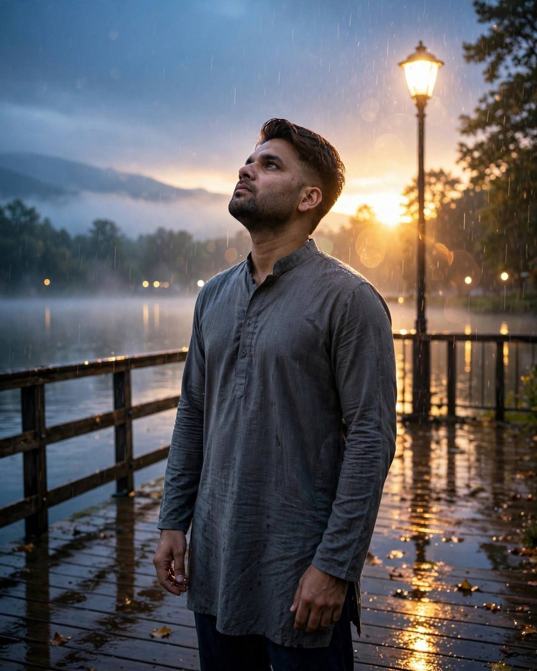 His fingers tracing old graffiti across a — Dark Cinematic cinematic AI portrait: grey kurta with dark pajama, neatly combed side part at dawn, shadows with stories, bittersweet mood