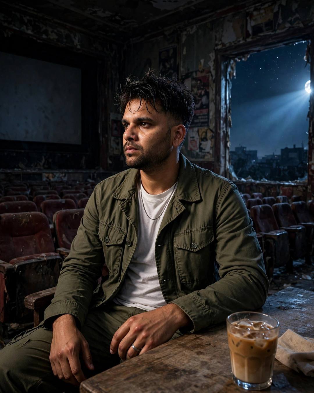 Young man in an olive field jacket and white tee sitting alone in an abandoned cinema hall at midnight with an untouched cold coffee, lit by a single dramatic side light