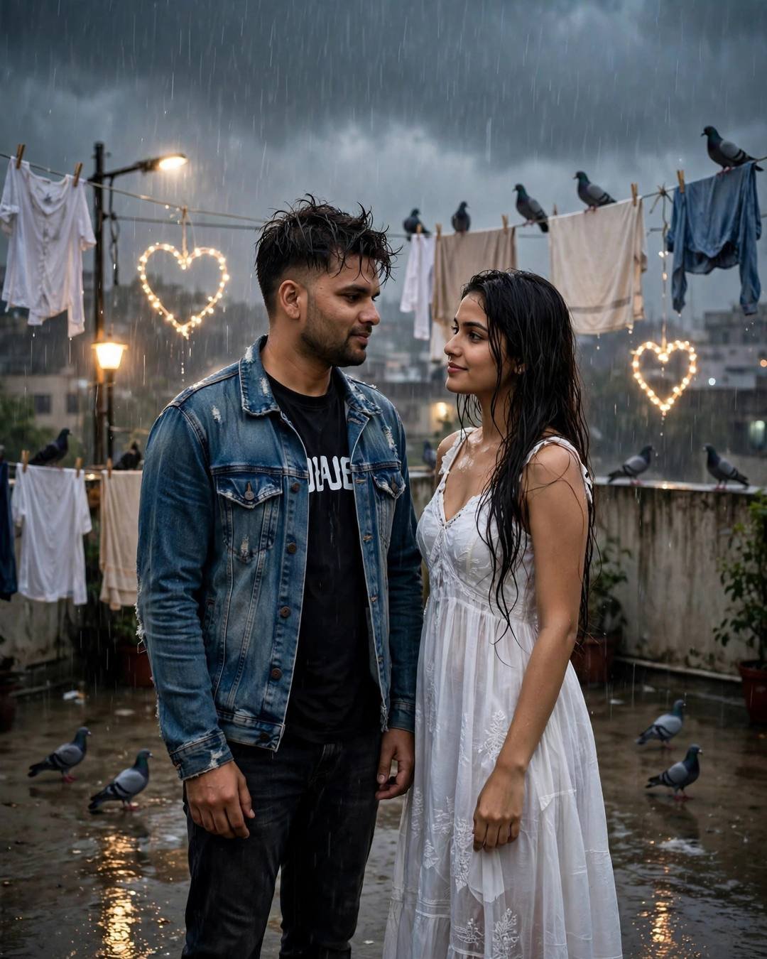 Couple standing face to face on a rain-soaked terrace with clothes lines and pigeons, man in distressed denim jacket over black tee, woman in flowing white summer dress, in monsoon rain