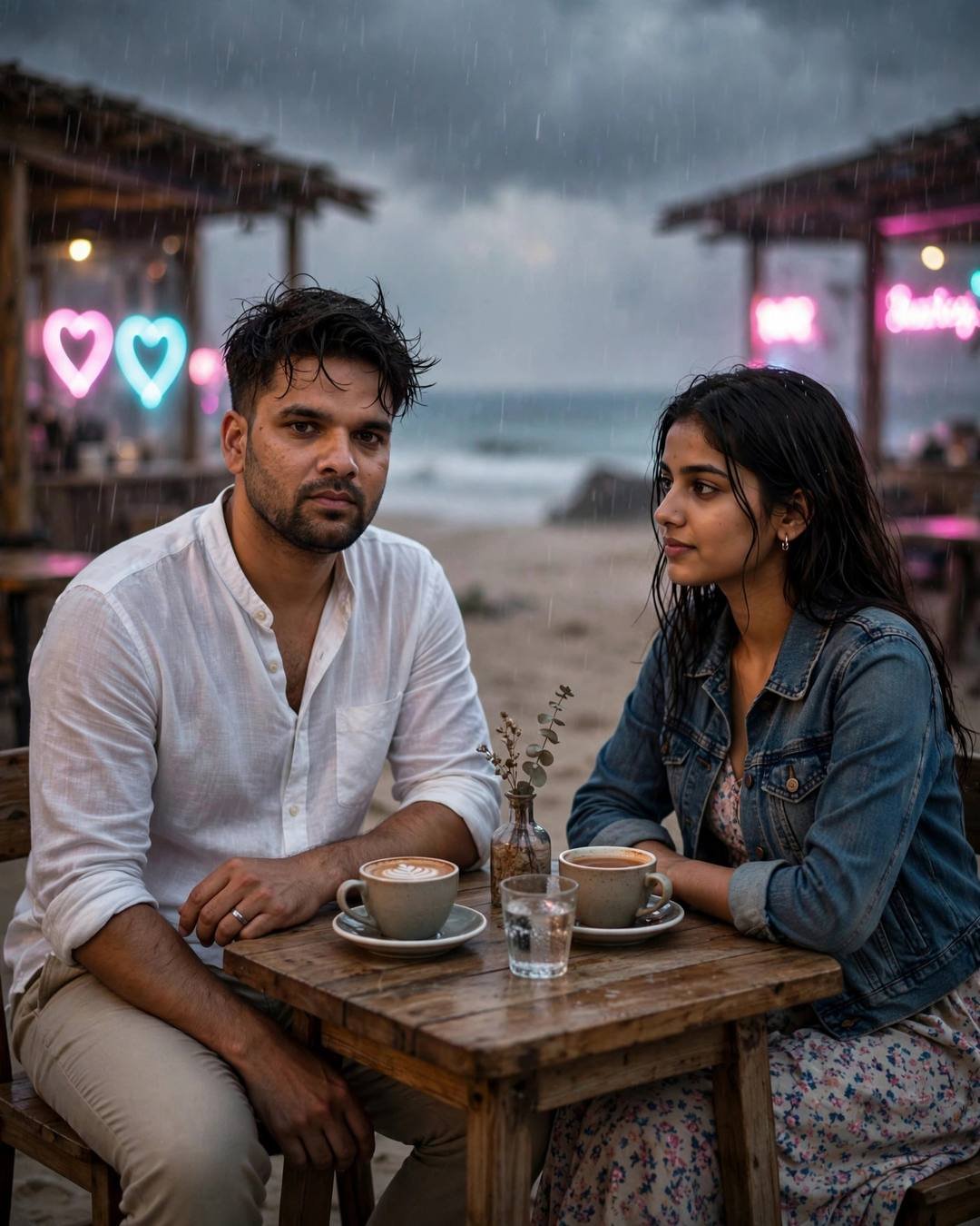 Couple at a beach cafe table in light rain at dusk, man in white linen shirt and woman in denim jacket over floral dress with neon heart lights behind them