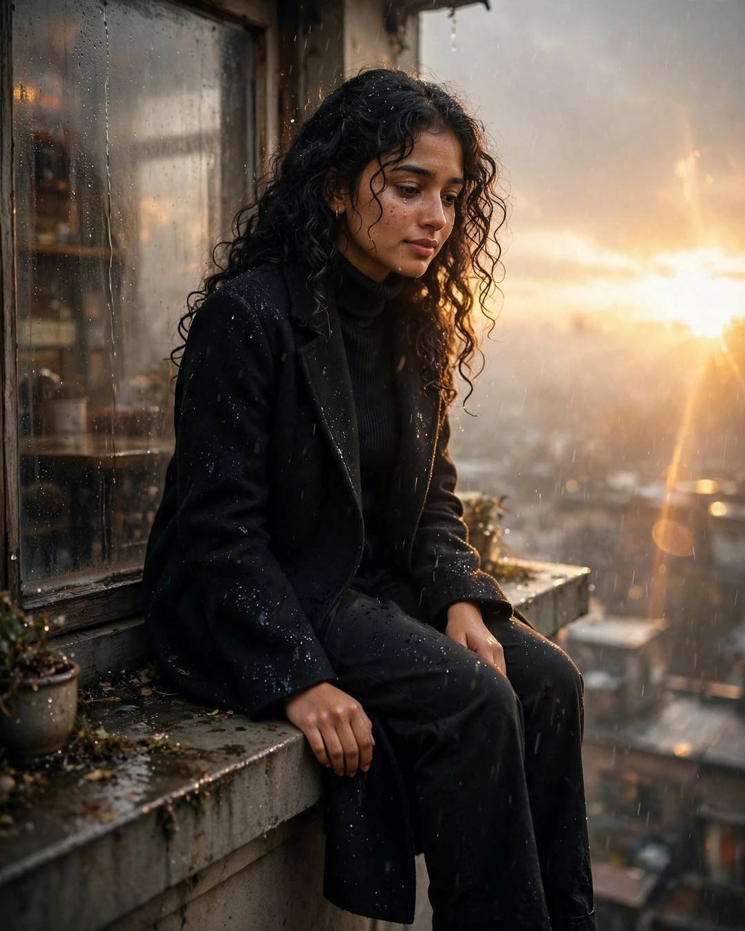 Young Indian woman in black turtleneck with long coat, soft curls framing her face, sitting on a ledge by a fogged cafe window in light rain with golden backlight