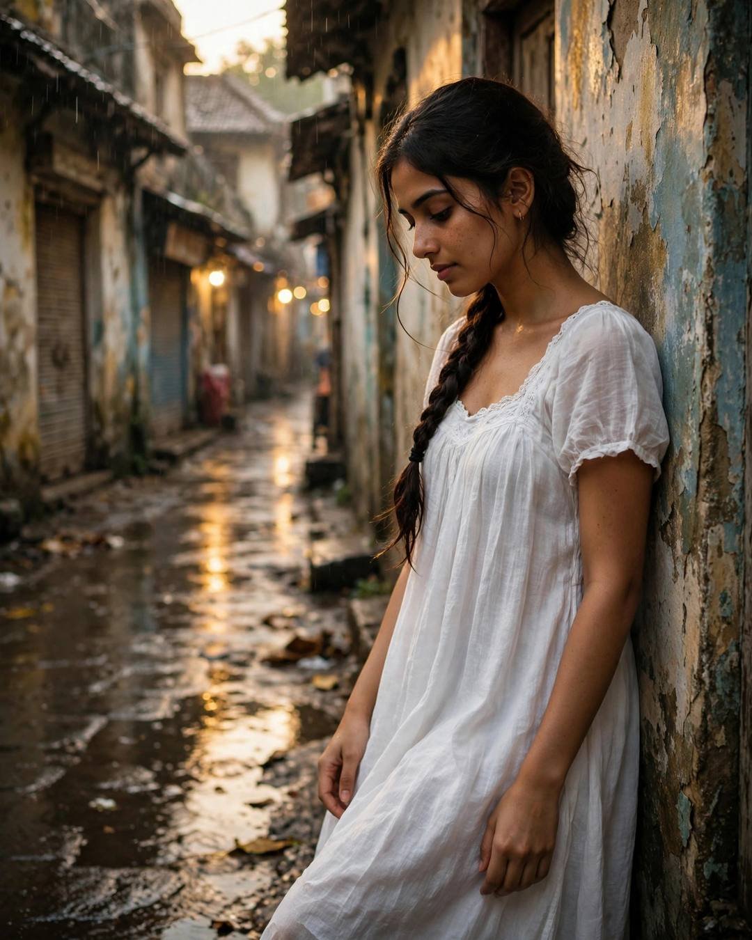 Cinematic AI portrait of a young Indian woman — softly humming the old lullaby her mother — at leaning against a weathered wall, head tilted down at narrow old-city lane with peeling walls, memories that still feel, tender mood
