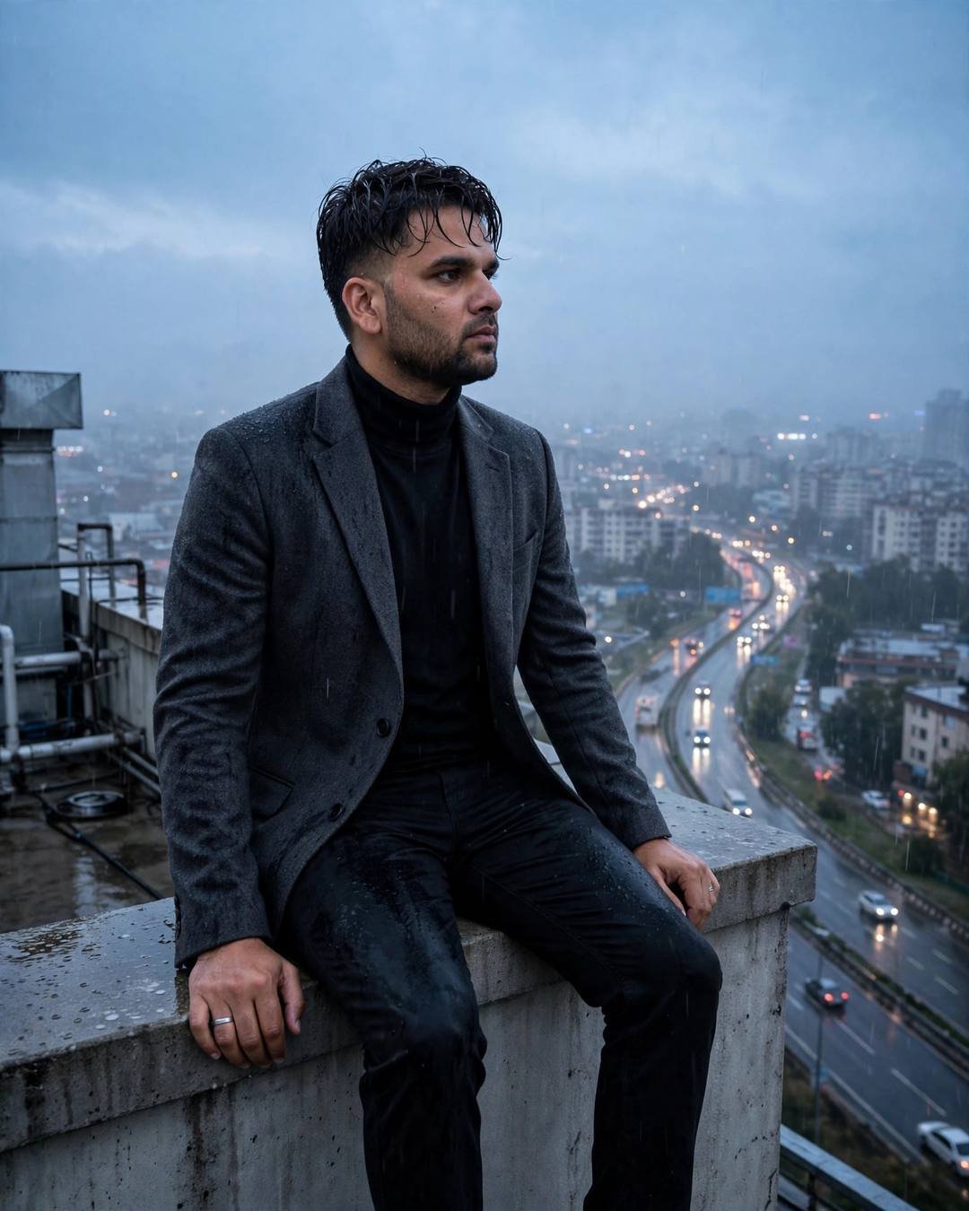 Wind bending the tall grass on both — Empty Road cinematic AI portrait: charcoal blazer, black turtleneck, damp rain-wet hair at rooftop overlooking sleeping city lights, solitude on the highway, melancholic mood