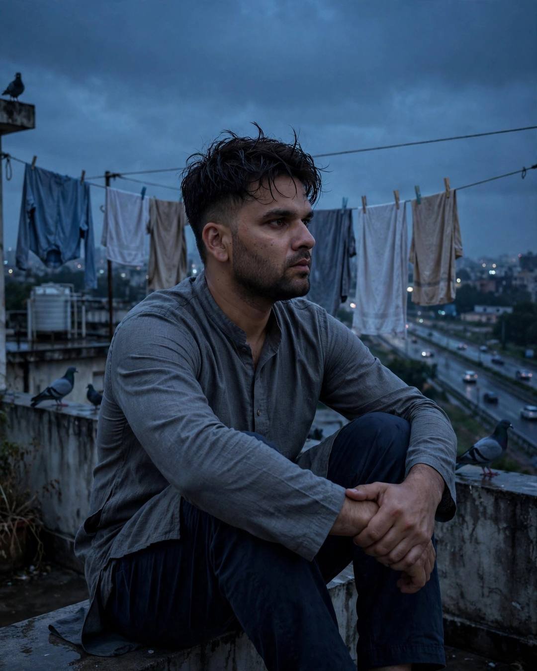 Following a kite's loose string down the — Empty Road cinematic AI portrait: grey kurta with dark pajama, towel-dried tousled hair at terrace with drying clothes lines and pigeons, solitude on the highway, wistful mood